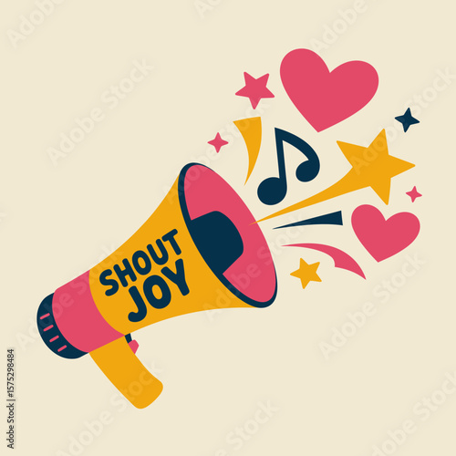 A vibrant illustration of a megaphone with the words shout joy surrounded by colorful hearts stars and musical notes conveying a message of happiness and celebration