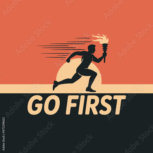 Silhouette of a runner carrying a torch with the words go first against a sunset background symbolizing speed and determination