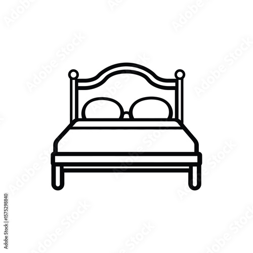 Stylized Line Art Illustration of a Double Bed with Pillows and Decorative Headboard Design