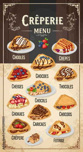 Delicious Crêpes Menu, Various Flavors, Cozy Crêperie, Food Illustration, Culinary Delight, Inviting Ambiance