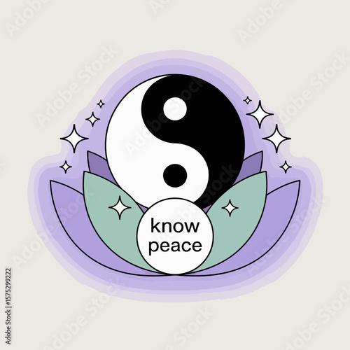 Yin yang symbol nestled within a serene lotus flower with sparkling stars and the inspiring phrase know peace representing balance harmony and tranquility