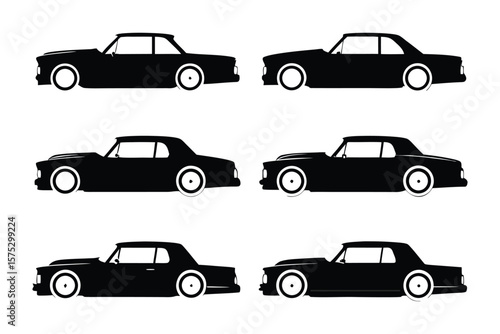 Vintage Cars Silhouette: Six classic car silhouettes lined up showcase timeless elegance and automobile design of a bygone era, rendered in smooth vector art.