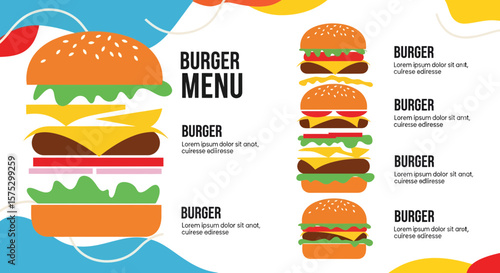 Delicious Burger Menu Design Featuring Multiple Variants, Vibrant Colors, Graphic Illustration, Creative Food Presentation