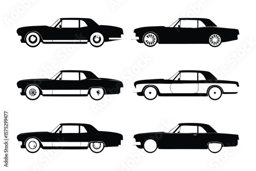Vintage Car Silhouettes: A captivating collection of vintage car silhouettes, rendered in stark monochrome, showcasing classic automotive design.