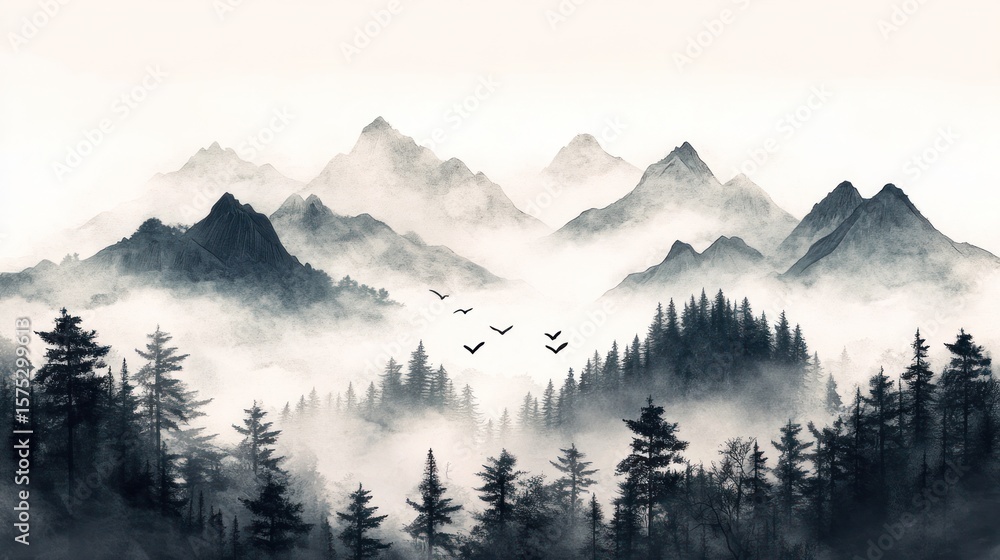 Obraz premium Misty mountain range with forested valley