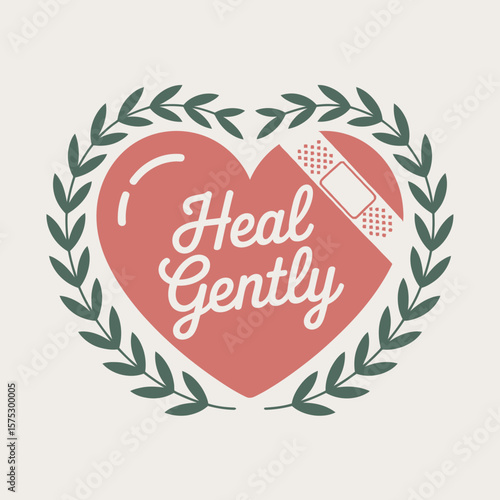 A heart with a band aid and the words heal gently surrounded by a laurel wreath symbolizing recovery and gentle healing