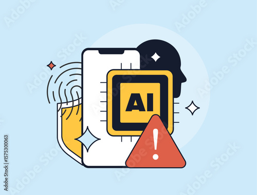 AI privacy risks in mobile technologies with biometric data access, security warning and ai ethical concerns. AI privacy risks - access to all private information of person. Flat vector illustration