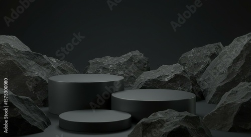 Displaying Product on Dark Platforms Surrounded by Rough Rocks