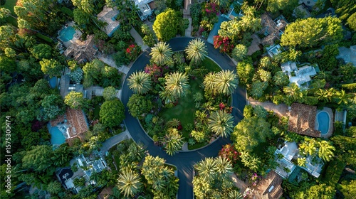 South Florida gated community aerial with palm trees and homes, luxury residential property concept for real estate ads