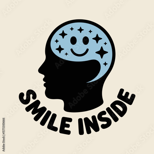 Positive thinking mental health smile inside head stars brain wellness illustration graphic design art
