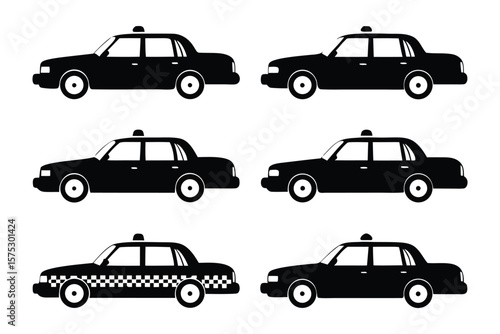 Silhouette Taxi Fleet: A fleet of sleek black taxis, rendered in a sophisticated silhouette style, representing reliable urban transportation for any city. This collection embodies efficient movement.