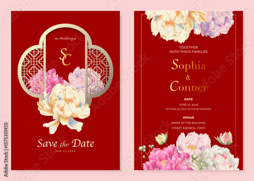 Elegant Chinese wedding invitation featuring blooming peony flowers, red background, window grille and stylish typography. Perfect for traditional weddings invites and printable floral templates.