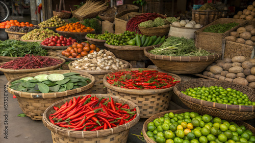 Abundant fresh produce displayed in woven baskets at an outdoor market stall