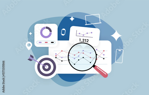 Cross-platform engagement tracking with unified analytics across mobile, web, email and app events. User journey insights, and engagement omni-channel metrics visualization. Flat vector illustration