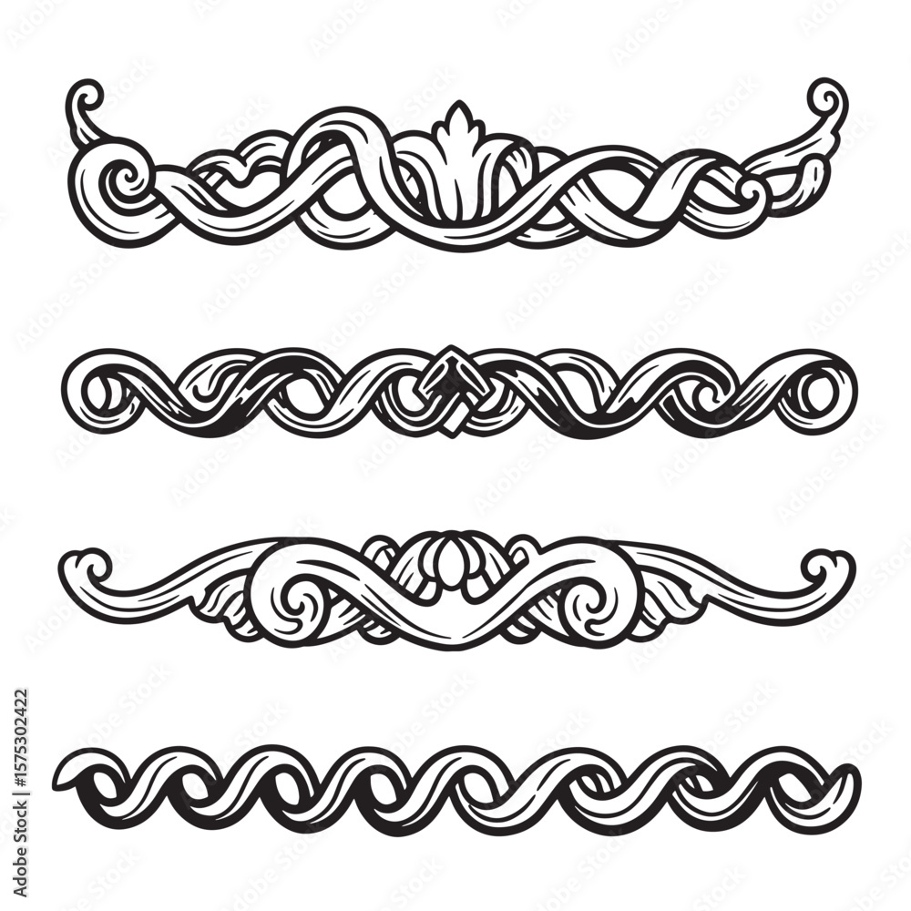 Vector illustration of four ornate and elegant decorative ornament borders for design elements Vector illustration of four ornate and elegant decorative ornament borders for design elements