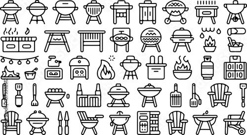 Collection of barbecue and outdoor cooking icons including various grills grilling tools fire chairs and string lights for summer gatherings