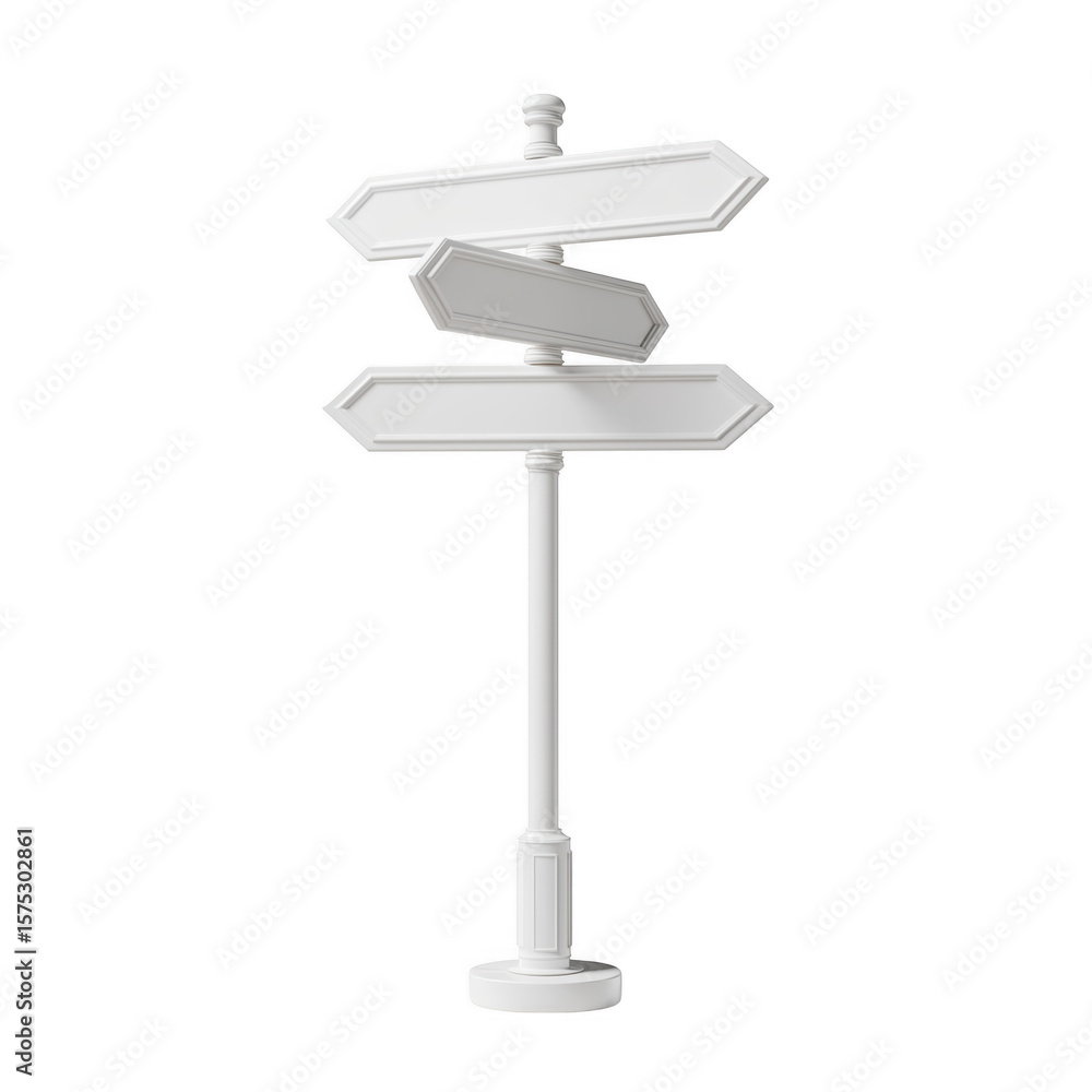 Clean white direction signpost isolated on black with blank arrow pointers ready for text Clean white direction signpost isolated on black with blank arrow pointers ready for text