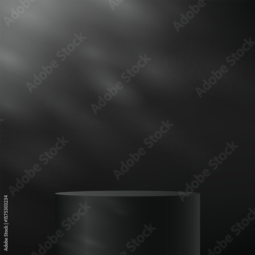 Empty black studio room background. Black background vector 3d with podium Empty room with shadow leaves. Space for selling products on the website. Vector illustration.