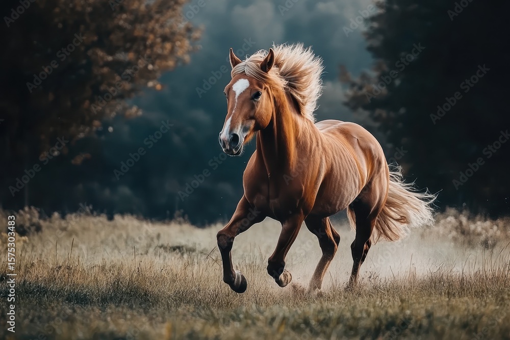 Obraz premium Brown horse runs freely in a lush field surrounded by trees during sunset, Brown horse running