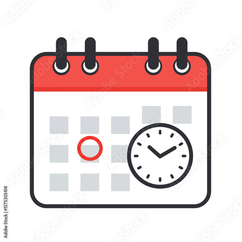 A clean vector illustration featuring a calendar with a highlighted date and a clock, ideal for representing concepts of scheduling, appointments, and deadlines.