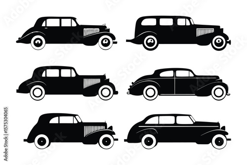 Classic Car Silhouettes: A collection of six vintage car silhouettes, showcasing diverse body styles from the golden age of automobiles. Each silhouette is rendered in classic black and white.