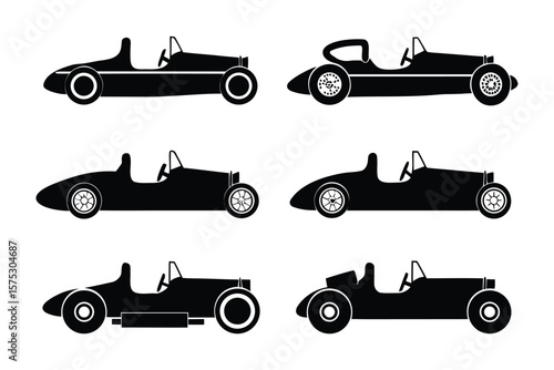 Classic Car Silhouettes: Six distinct silhouettes of vintage race cars, showcasing varying designs and styles against a clean white background.