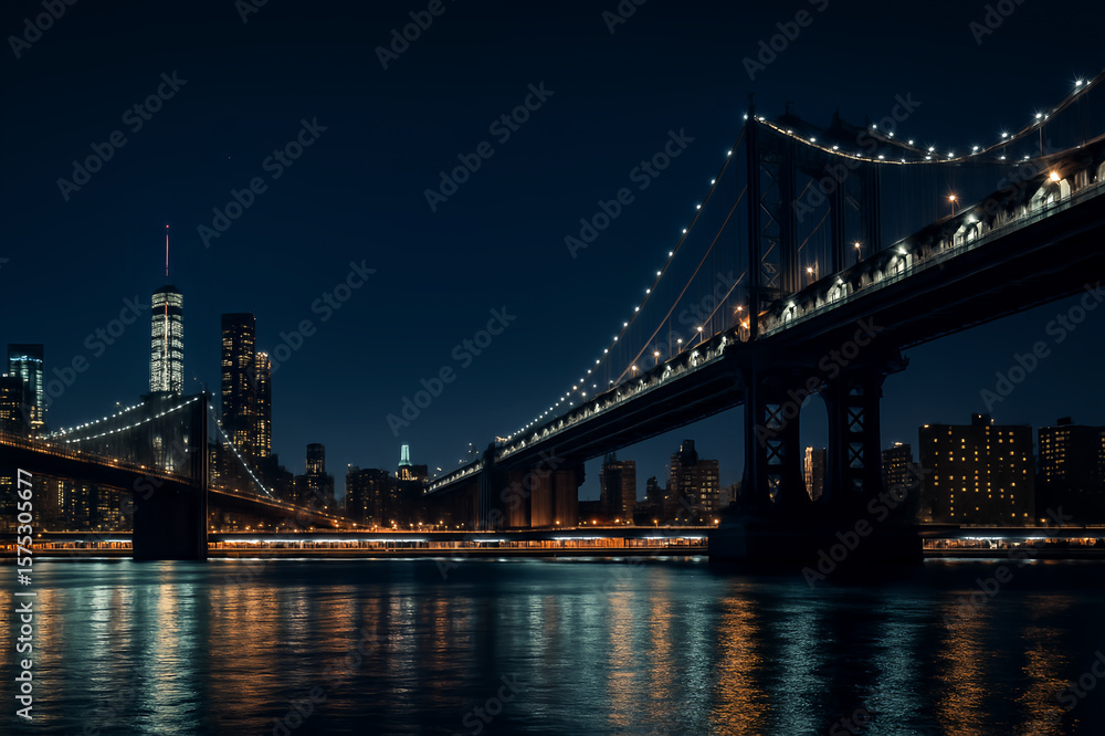 Fototapeta premium A stunning night view of a city bridge with glowing lights reflecting on the water. The skyline of tall buildings in the background adds a vibrant and elegant metropolitan atmosphere.
