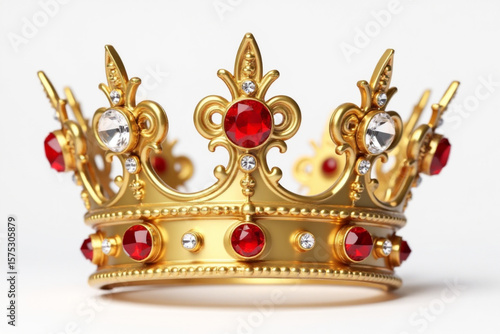 Gold crown of queen with red and white jewel of precious stones. 3d rendering.