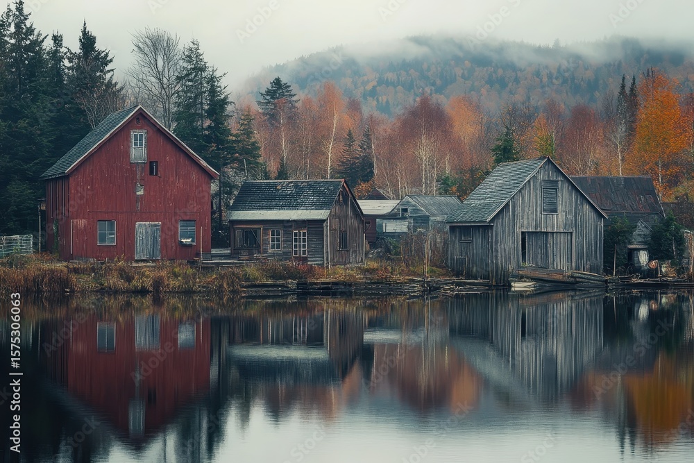 Fototapeta premium Lakeside buildings reflect serene autumn landscape amidst misty mountains and colorful foliage, Buildings on a lake shore