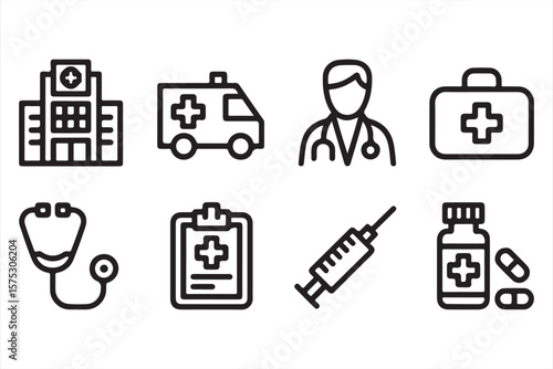 Simple Outline Medical Icons Set Including Hospital, Ambulance, and Stethoscope