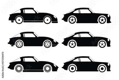 Silhouette of Sleek Vehicles: A collection of six meticulously crafted, black silhouette vehicles, showcasing their aerodynamic designs and sporty features in a display of automotive elegance.