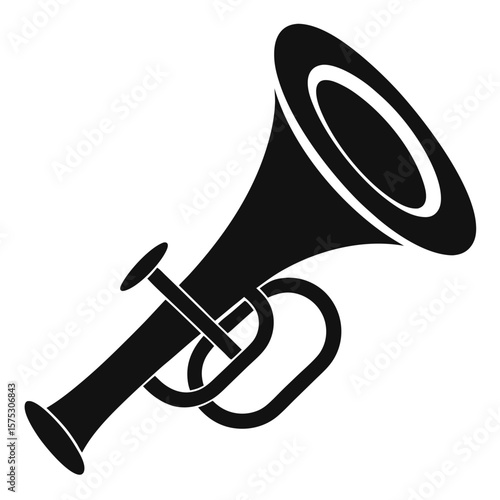 Vector illustration of a vintage gold brass trumpet horn, isolated on white, with a bell-shaped loudspeaker for sound