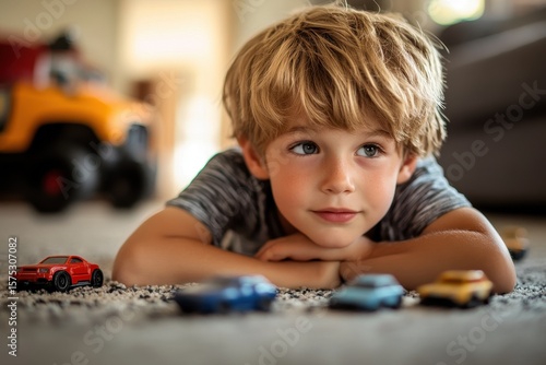 Thoughtful young boy enjoying playtime with toy cars on the carpet in a cozy living room, Thoughtful young boy playing with his toy cars on the floor