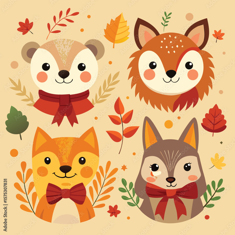 Obraz premium A fun collection of cute cartoon animal heads featuring a cat, dog, tiger, fox, pig, and bear