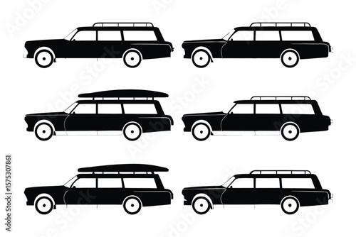Classic Station Wagon Silhouette: A striking series of classic station wagons, meticulously rendered in silhouette against a pristine backdrop.