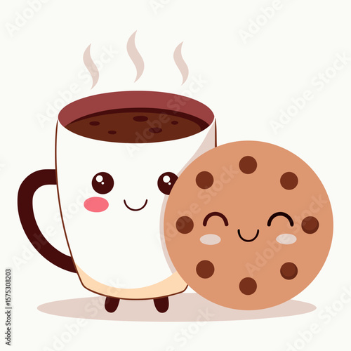 Cute kawaii coffee cup and chocolate chip cookie friends smiling together