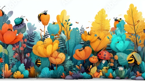 Vibrant Floral Scene with Colorful Insects in a Lush Garden Environment