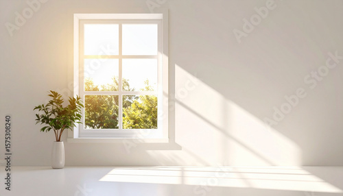 Soft window frame shadow on wall with golden sunlight, cozy minimalistic home interior.