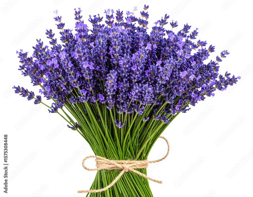 Fototapeta premium Fresh Lavender Flower Bouquet Tied with Natural Twine, Isolated on Transparent Background PNG
