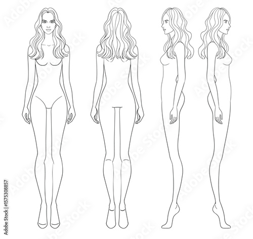 Fashion outline sketch croquis figurines front side back view with curly long hair woman in vector.