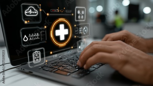 Hands Typing on Laptop with Health Data and Medical Icons in Modern Environment