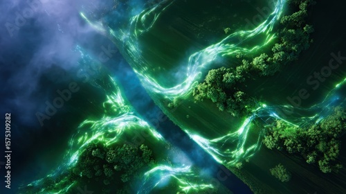 Aerial View of Glowing Green Forest and River at Night