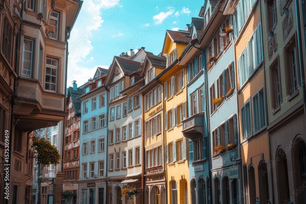 Fototapeta premium Charming city street with colorful buildings and bright skies in a vibrant urban setting, Street with buildings in the city