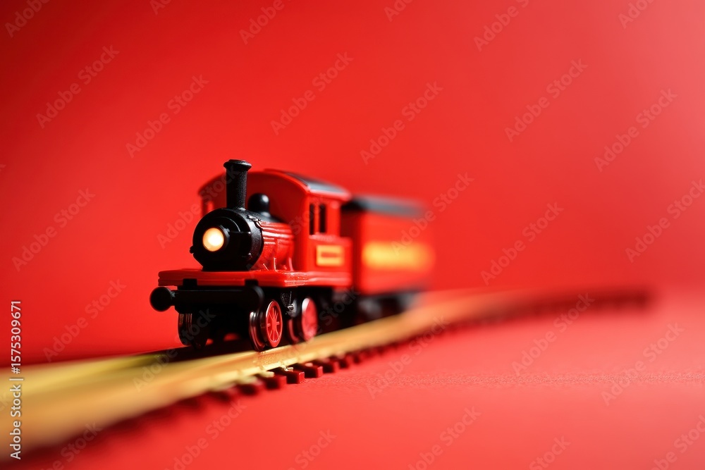 Naklejka premium Miniature red toy train on tracks against bright red background, Miniature toy train on bright red background