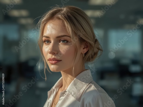 Portrait of a young blonde woman with her hair in a bun wearing a white collared shirt indoors