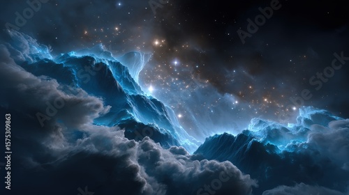Glowing Blue Cosmic Clouds and Stars in Dark Night Sky