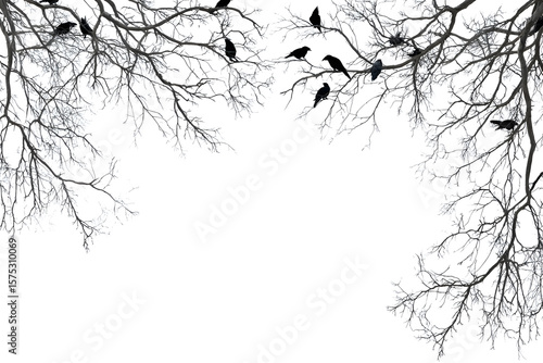 Eerie tree branches silhouetted with crows perched on them, framed by a halloween border for a haunting effect.