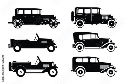 Classic Car Collection Silhouette: A curated collection of timeless classic automobiles showcased in elegant black silhouettes, representing a bygone era of automotive design.