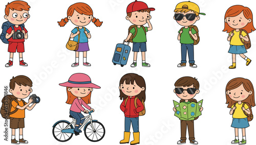 Cartoon children traveling with backpacks, cameras, suitcases, maps, bikes, enjoying vacation adventure, summer holiday trip exploration vector illustration