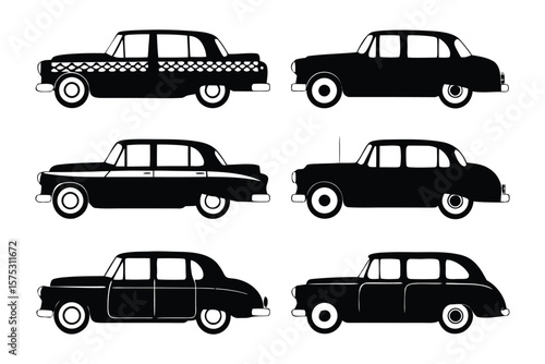 Classic Vehicle Collection: A set of elegant, vintage cars in black and white, embodying timeless style and transportation heritage. Showcasing iconic designs.
